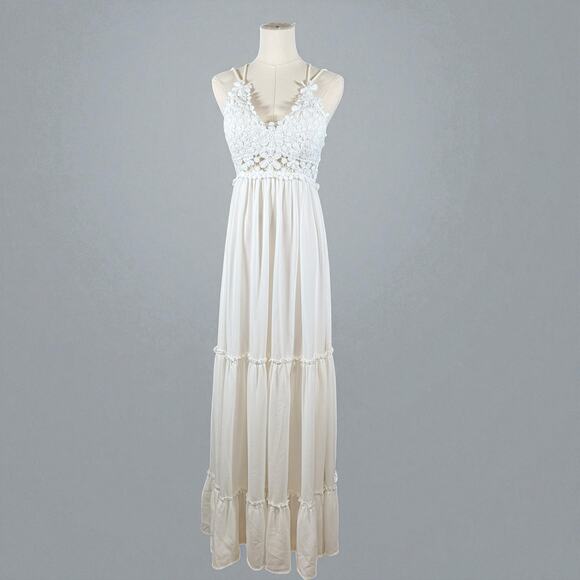 Southern Fried Chics White Lace Boho Maxi Dress Ballet Straps | Tiered Skirt | L - Picture 2 of 13